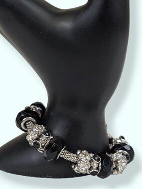 (2/$20) Black Glass & Rhinestone Bead Charm Metal Mesh Bracelet